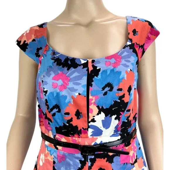 JAX Colorful Floral Print Belted Cap Sleeve Dress Sz 8 Paneled Skirt - Picture 2 of 13